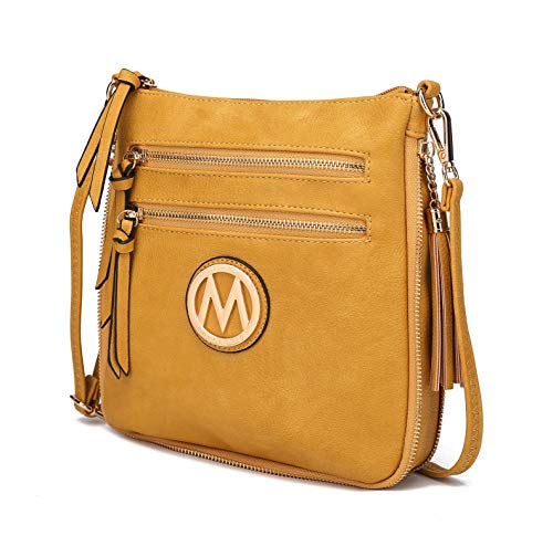 MKF Crossbody Bags for Women, PU Leather Crossover Handbag, Tassels, Small Shoulder Side Messenger Purse Mustard