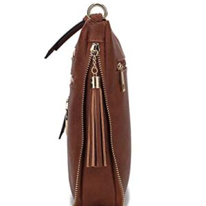 MKF Crossbody Bags for Women, PU Leather Crossover Handbag, Tassels, Small Shoulder Side Messenger Purse Mustard