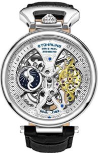 stührling original mens skeleton watch dial automatic watch with calfskin leather band and - dual time, am/pm sun moon