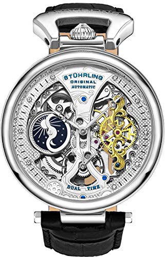 Stührling Original Mens Skeleton Watch Dial Automatic Watch with Calfskin Leather Band and - Dual Time, AM/PM Sun Moon