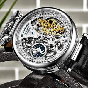 Stührling Original Mens Skeleton Watch Dial Automatic Watch with Calfskin Leather Band and - Dual Time, AM/PM Sun Moon