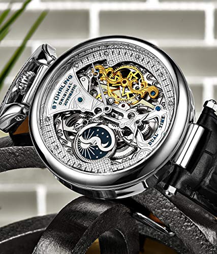 Stührling Original Mens Skeleton Watch Dial Automatic Watch with Calfskin Leather Band and - Dual Time, AM/PM Sun Moon