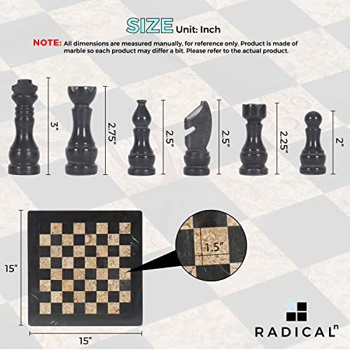 RADICALn 15 Inches Large Handmade Black and Fossil Coral Weighted Marble Full Chess Game Set Staunton and Ambassador Gift Style Marble Tournament Chess Sets