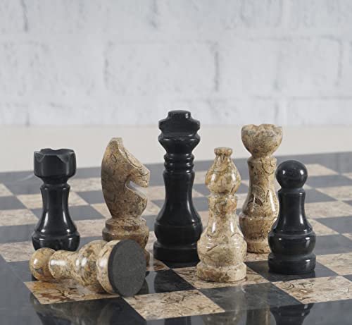 RADICALn 15 Inches Large Handmade Black and Fossil Coral Weighted Marble Full Chess Game Set Staunton and Ambassador Gift Style Marble Tournament Chess Sets