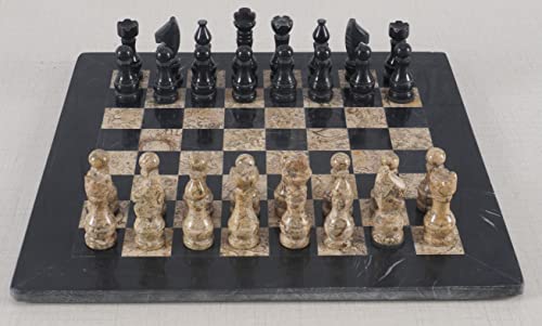 RADICALn 15 Inches Large Handmade Black and Fossil Coral Weighted Marble Full Chess Game Set Staunton and Ambassador Gift Style Marble Tournament Chess Sets