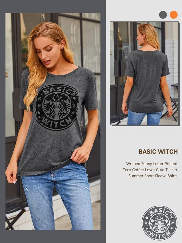 OUNAR Basic Witch Coffee T Shirts for Women Halloween Graphic Letter Print Shirt with Funny Sayings Casual Tee Tops