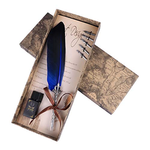 STOBOK Ancient Calligraphy Quill Feather Pen Set Vintage Beautiful Pen Set for Office and Store (Blue + 5 Nibs + Ink)