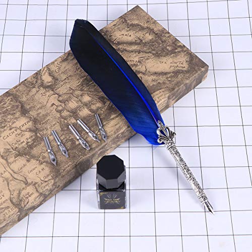 STOBOK Ancient Calligraphy Quill Feather Pen Set Vintage Beautiful Pen Set for Office and Store (Blue + 5 Nibs + Ink)