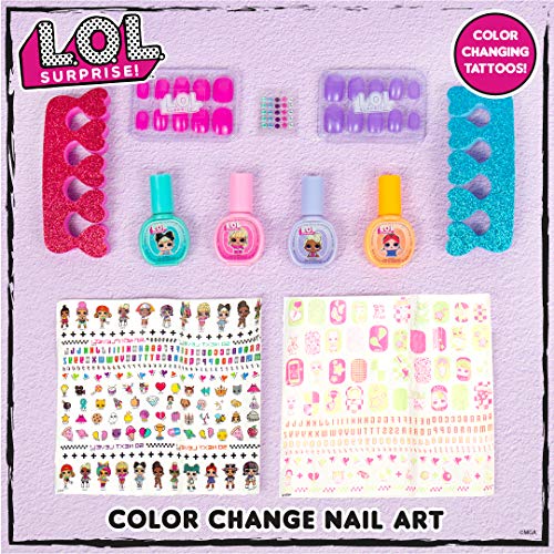 Horizon Group USA L.O.L. Surprise Color Change Nail Art, Includes 2 Sets of Adhesive Nails,3 Nail Polishes,1 Nail Decal Sheet,Water Transfer Tattoo Sheet,Nail Gems,Toe Separators + Instructions