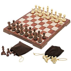 magnetic folding chess set,11"x 9.64" portable travel chess game board set,magnetic crafted chess pieces storage with 2 flannelette bags,perfect kids beginners and adults