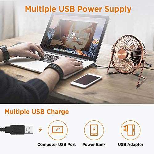 EasyAcc 6 Inch USB Desk Fan,Small and Quiet,Powerful USB Powered Portable Fan,Strong Airflow,Mini Metal USB Fan,360°Rotation,Personal Cooling Fan with 2 Speed for Home Office,Bronze(USB POWERED ONLY)