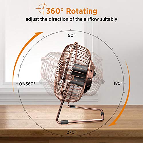 EasyAcc 6 Inch USB Desk Fan,Small and Quiet,Powerful USB Powered Portable Fan,Strong Airflow,Mini Metal USB Fan,360°Rotation,Personal Cooling Fan with 2 Speed for Home Office,Bronze(USB POWERED ONLY)