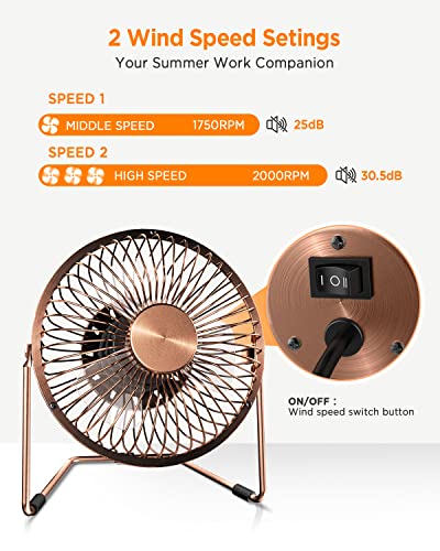 EasyAcc 6 Inch USB Desk Fan,Small and Quiet,Powerful USB Powered Portable Fan,Strong Airflow,Mini Metal USB Fan,360°Rotation,Personal Cooling Fan with 2 Speed for Home Office,Bronze(USB POWERED ONLY)