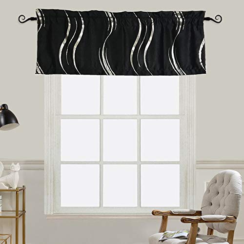 MYRU 1 Panel Foil Print Blackout Striped Curtain Valance for Kitchen Window (Black and Silver, 54x18 Inch)