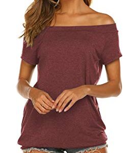 Tops for Women Off Shoulder Casual Summer Oversized Baggy Shirts Wine Red XL