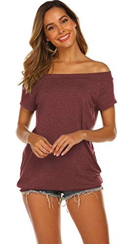 Tops for Women Off Shoulder Casual Summer Oversized Baggy Shirts Wine Red XL