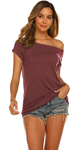 Tops for Women Off Shoulder Casual Summer Oversized Baggy Shirts Wine Red XL