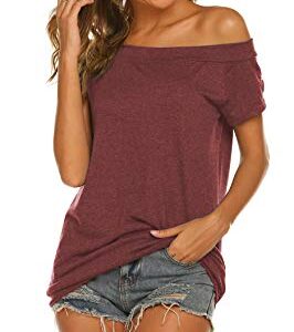 Tops for Women Off Shoulder Casual Summer Oversized Baggy Shirts Wine Red XL