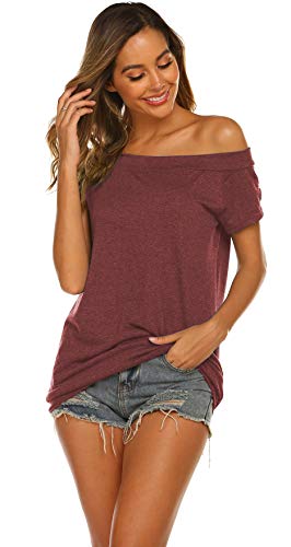 Tops for Women Off Shoulder Casual Summer Oversized Baggy Shirts Wine Red XL