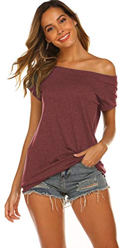 Tops for Women Off Shoulder Casual Summer Oversized Baggy Shirts Wine Red XL