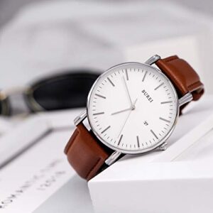 BUREI Men's Fashion Wrist Watch Minimalist Simple Watches for Men Ultra Thin Watch Analog Quartz Watches Leather Strap Watches with Date (Silver Brown)