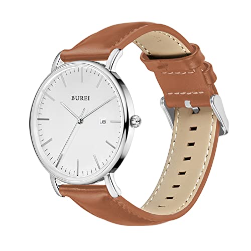 BUREI Men's Fashion Wrist Watch Minimalist Simple Watches for Men Ultra Thin Watch Analog Quartz Watches Leather Strap Watches with Date (Silver Brown)