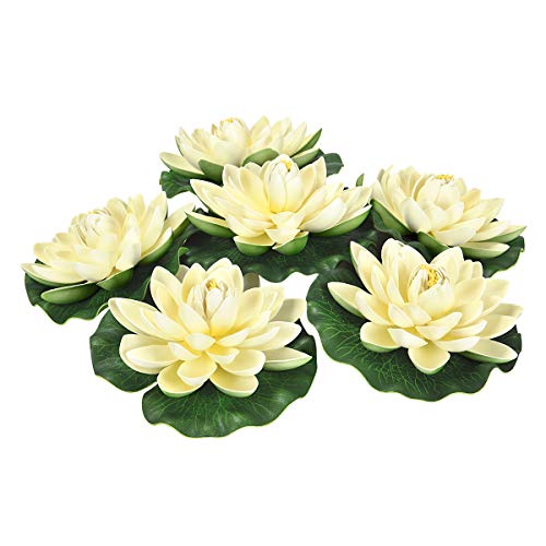 Sunm Boutique Artificial Floating Foam Lotus Flowers, Artificial Water Lily Pads, Lotus Lilies Pad Ornaments for Patio Koi Pond Pool Aquarium Home Garden Wedding Party Garden Decor, 6Pcs, Ivory