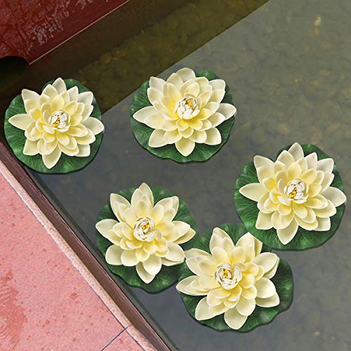 Sunm Boutique Artificial Floating Foam Lotus Flowers, Artificial Water Lily Pads, Lotus Lilies Pad Ornaments for Patio Koi Pond Pool Aquarium Home Garden Wedding Party Garden Decor, 6Pcs, Ivory