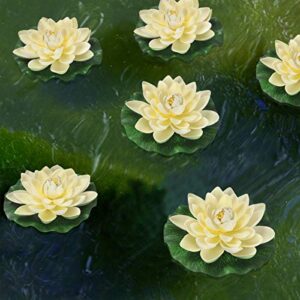 Sunm Boutique Artificial Floating Foam Lotus Flowers, Artificial Water Lily Pads, Lotus Lilies Pad Ornaments for Patio Koi Pond Pool Aquarium Home Garden Wedding Party Garden Decor, 6Pcs, Ivory