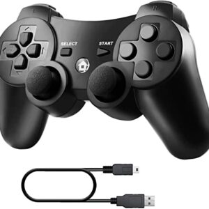 Diswoe Controller for PS-3, Wireless Bluetooth Controller Gamepad Joystick, Double Vibrating Controller for Play_station 3 with Charger Cable Cord Thump Grips