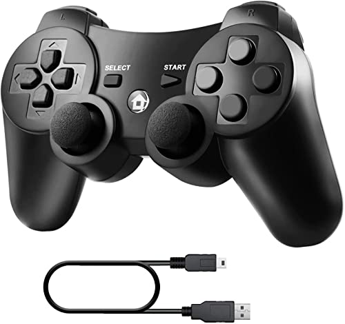 Diswoe Controller for PS-3, Wireless Bluetooth Controller Gamepad Joystick, Double Vibrating Controller for Play_station 3 with Charger Cable Cord Thump Grips