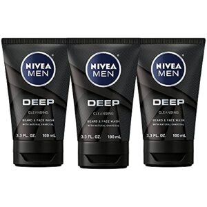 nivea men deep cleansing beard and face wash, enriched with natural charcoal, 3 pack of 3.3 fl oz tubes