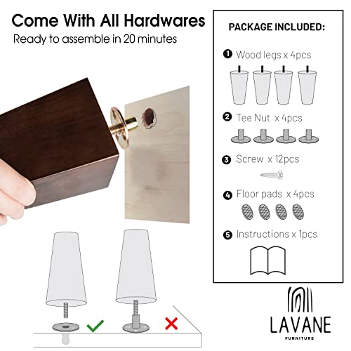 La Vane 6 inch / 15cm Wooden Furniture Legs, Set of 4 Solid Wood Tapered M8 Replacement Furniture Feet with Pre-Drilled 5/16 Inch Bolt & Mounting Plate & Screws for Couch Sofa Cabinet Ottoman