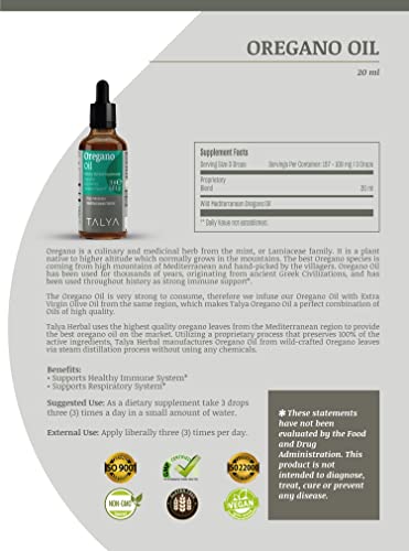 TALYA Oregano Oil Herbal Supplement 0.67 fl. oz, Premium Quality, 100% Natural, High Carvacrol, Supports Healthy System, Digestion & Respiratory Relief, Skin & Nails, Non-GMO, Vegan, Essential Oil