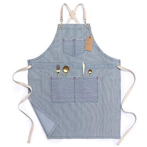 Jeanerlor Blue Striped Denim Aprons for Women and Men - Jean Cross Back Apron Adjustable Neck Unisex with 4 Pockets for Barista, Chef, Barber, Painter and Gardener, Adjustable M to XXL