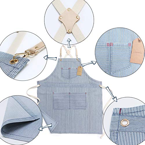 Jeanerlor Blue Striped Denim Aprons for Women and Men - Jean Cross Back Apron Adjustable Neck Unisex with 4 Pockets for Barista, Chef, Barber, Painter and Gardener, Adjustable M to XXL