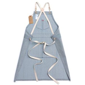 Jeanerlor Blue Striped Denim Aprons for Women and Men - Jean Cross Back Apron Adjustable Neck Unisex with 4 Pockets for Barista, Chef, Barber, Painter and Gardener, Adjustable M to XXL