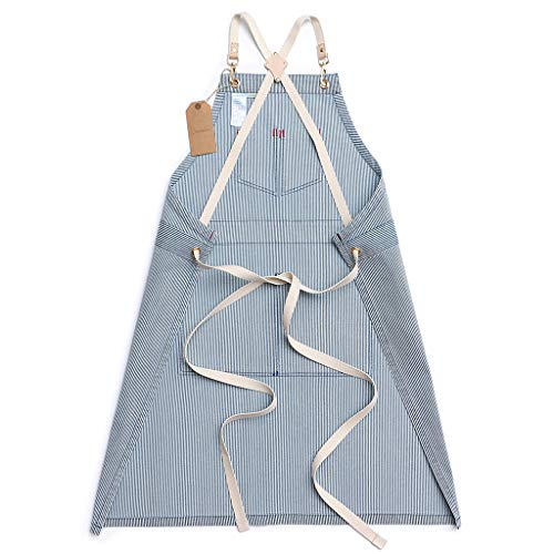 Jeanerlor Blue Striped Denim Aprons for Women and Men - Jean Cross Back Apron Adjustable Neck Unisex with 4 Pockets for Barista, Chef, Barber, Painter and Gardener, Adjustable M to XXL