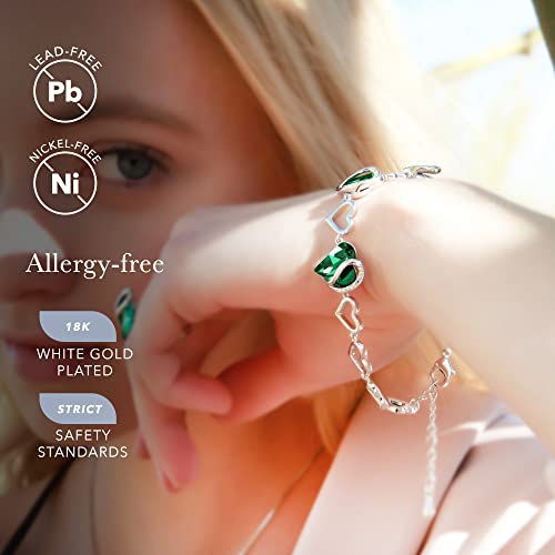 Leafael Infinity Love Heart Link Bracelets, May Birthstone Crystal Bracelet for Women, Silver Tone Jewelry Gifts for Her, Emerald Green, 7-inch Chain and 2-inch Extender