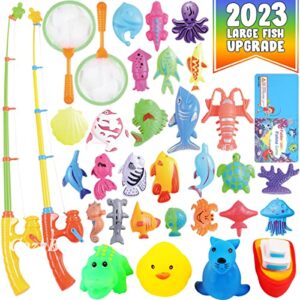 cozybomb magnetic fishing game for kids - bath pool toys set for water table learning education fishin for bathtub fun with 4 squeak rubber animal and boat, poles rod net fishes for kids age (green)