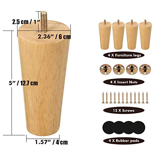 One Sight 5 inch Solid Wood Furniture Legs Dresser Legs Sofa Replacement Legs, Mid Century Sofa Legs for Couch, Bed, Armchair,Cabinet, Set of 4