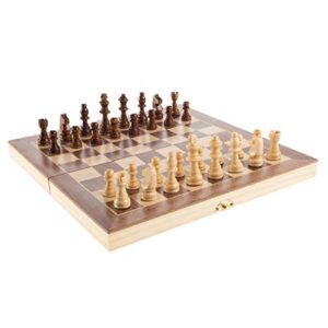 hey! play! chess set with folding wooden board-beginner’s portable classic strategy and skill game for competitive 2-player family fun , brown
