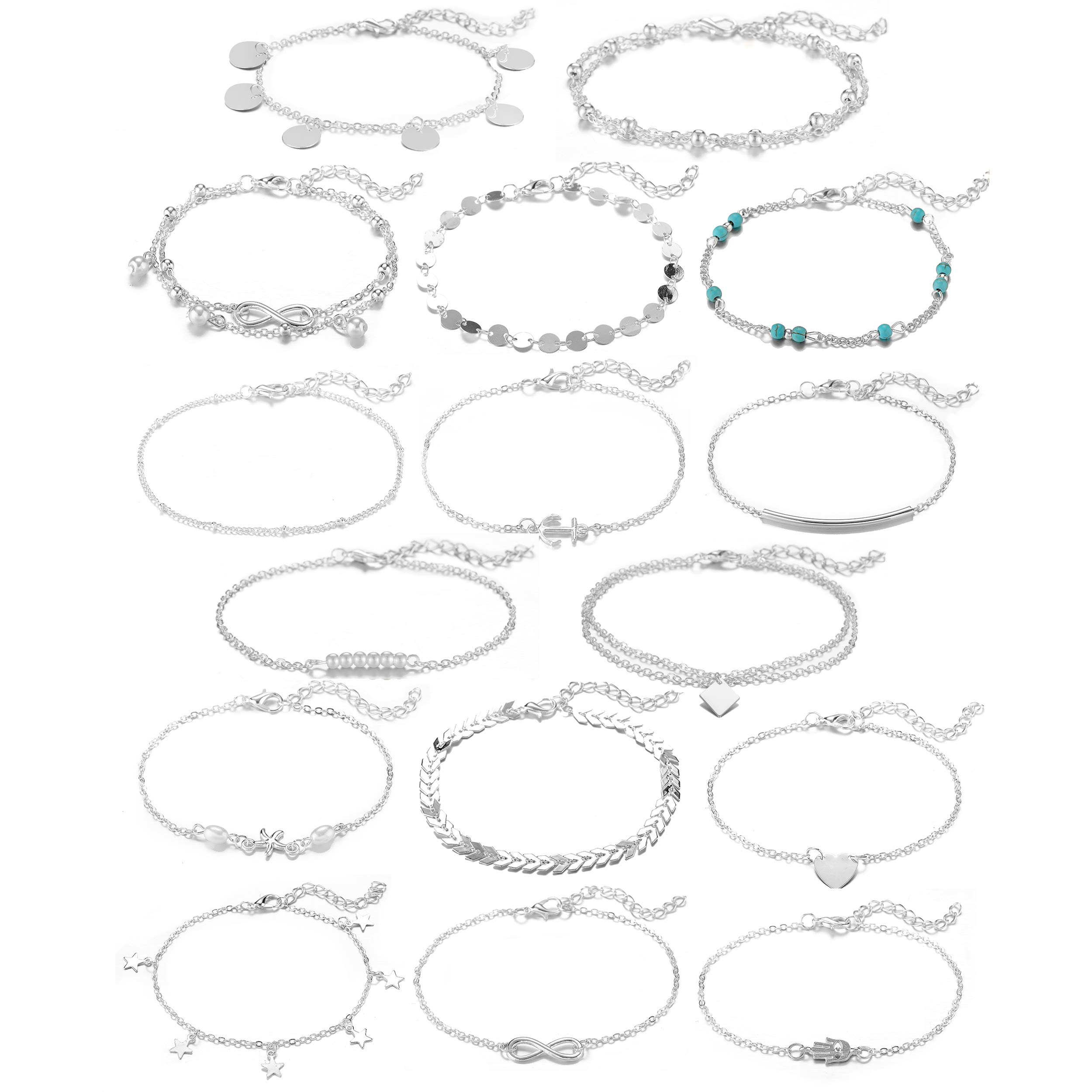 Softones 16Pcs Ankle Bracelets for Women Girls Gold Silver Two Style Chain Beach Anklet Bracelet Jewelry Anklet Set,Adjustable Size