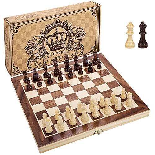 AMEROUS 12" x 12" Magnetic Wooden Chess Set for Adults and Kids, 2 Bonus Extra Queens, Folding Board with Storage Slots, Handmade Chess Pieces, Portable Travel Chess Board Game Sets, Gift Packed Box