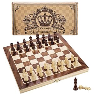 amerous 12" x 12" magnetic wooden chess set for adults and kids, 2 bonus extra queens, folding board with storage slots, handmade chess pieces, portable travel chess board game sets, gift packed box