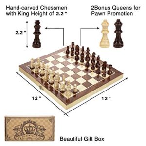 AMEROUS 12" x 12" Magnetic Wooden Chess Set for Adults and Kids, 2 Bonus Extra Queens, Folding Board with Storage Slots, Handmade Chess Pieces, Portable Travel Chess Board Game Sets, Gift Packed Box