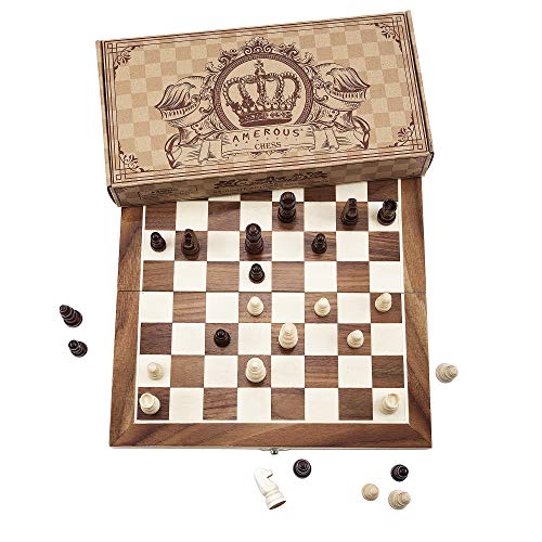 AMEROUS 12" x 12" Magnetic Wooden Chess Set for Adults and Kids, 2 Bonus Extra Queens, Folding Board with Storage Slots, Handmade Chess Pieces, Portable Travel Chess Board Game Sets, Gift Packed Box
