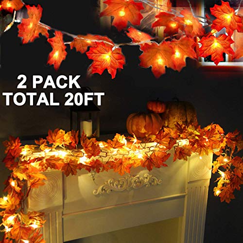 2 Pack Fall Decor Enlarged Maple Leaf Fall Lights Thick Leaf Garlands,Total 20Ft 40LED Lights Battery Operated Waterproof Fall Decorations Home Indoor Outdoor Autumn Thanksgiving Halloween Decor