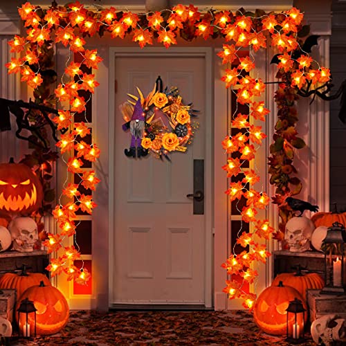 2 Pack Fall Decor Enlarged Maple Leaf Fall Lights Thick Leaf Garlands,Total 20Ft 40LED Lights Battery Operated Waterproof Fall Decorations Home Indoor Outdoor Autumn Thanksgiving Halloween Decor