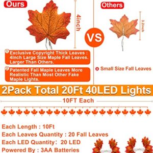 2 Pack Fall Decor Enlarged Maple Leaf Fall Lights Thick Leaf Garlands,Total 20Ft 40LED Lights Battery Operated Waterproof Fall Decorations Home Indoor Outdoor Autumn Thanksgiving Halloween Decor